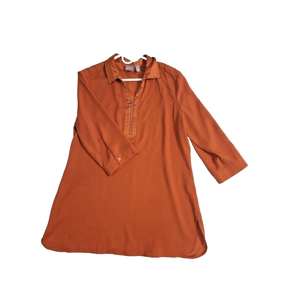 Chicos Womens Tunic Top Size 1 Medium Orange 3/4 Sleeve Zip Accent Blouse